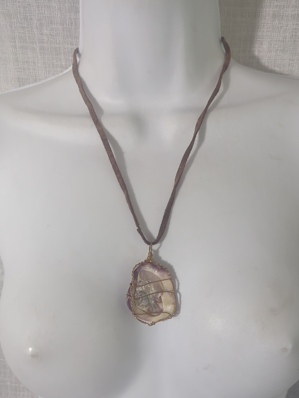 Handcrafted Brown Leather Cord Necklace with Wire-Wrapped Abalone Shell Pendant